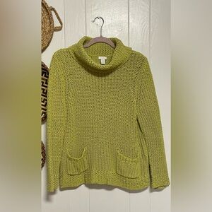 Chico's Cowl Neck Sweater Chartreuse Green Chunky Knit with Pockets Size 1